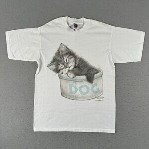 Vintage Cat In Dog Bowl Art Shirt Men's Medium Virginia Miller Kitten Cute